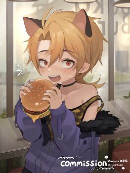 1boy absurdres animal_ears bandages black_choker black_ears blonde_hair burger camouflage camouflage_shirt cat_ears choker earrings english_text food fur_trim highres indie_virtual_youtuber jacket jewelry kainen male_focus omurice_(roza4957) open_mouth purple_jacket red_eyes revision shirt solo trap virtual_youtuber