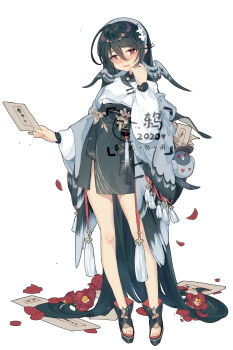1girl :d absurdres bag bird black_hair blush dated flower full_body glasses hair_flower hair_ornament headband highres ibex long_hair open_mouth original paper petals pigeon pince-nez red_eyes simple_background smile solo standing tassel watermark white_background wide_sleeves wings