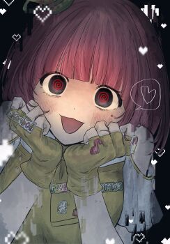 Rule 34 | 1girl, bare shoulders, black hair, blush, dark, fingerless gloves, glitch, gloves, heart, highres, kamen rider, kamen rider ex-aid (series), looking at viewer, mole, mole under eye, musical note, open mouth, pink hair, pixelated, poppi pipopapo, short hair, short sleeves, solo, upper body, white321ice, yellow gloves