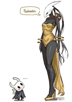 ... 1girl 1other absurdres arthropod_girl bangle bare_shoulders black_eyes black_hair black_skin blank_eyes blush bracelet breasts collarbone colored_skin furry furry_female height_difference high_heels highres hollow_knight hollow_knight:_silksong jewelry knight_(hollow_knight) legs legs_together leotard long_hair long_legs looking_up nail_(hollow_knight) quiver scroll shakra_(hollow_knight) shiny_skin shoes simple_background small_breasts speech_bubble strapless strapless_leotard talking tanukidraws very_long_hair weapon weapon_on_back white_background yellow_leotard yellow_shoes