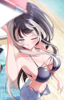 1girl beach beach_towel bikini black_bikini black_hair blue_eyes blue_nails blunt_bangs blush breasts cellphone closed_mouth criss-cross_straps cutoffs from_above front-tie_bikini_top front-tie_top grey_hair grey_shorts hairu_821 hand_on_own_head highres hime_cut hololive hololive_dev_is jewelry juufuutei_raden large_breasts long_hair looking_at_viewer multicolored_hair navel necklace one_eye_closed open_clothes open_shorts phone shore short_shorts shorts smartphone solo stomach streaked_hair string_bikini swimsuit towel twitter_username two-tone_hair very_long_hair virtual_youtuber water wind