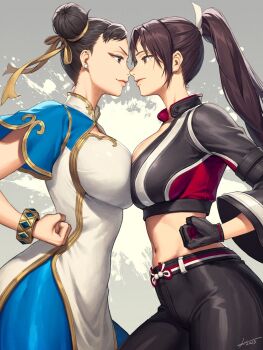 2girls akiman_pose black_gloves black_pants blue_leggings bracelet breast_press breasts brown_eyes brown_hair capcom china_dress chinese_clothes chun-li cleavage cropped_jacket double_bun dress earrings face-to-face fatal_fury fatal_fury:_city_of_the_wolves gloves gold_trim hair_bun hair_ribbon hichi highres jewelry large_breasts leggings long_hair makeup midriff multiple_girls navel pants ponytail ribbon shiranui_mai side_slit street_fighter street_fighter_6 symmetrical_docking yellow_ribbon