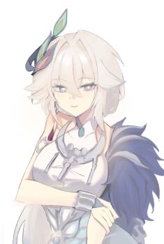 Rule 34 | 1girl, armlet, bare shoulders, blue eyes, bracelet, breasts, closed mouth, cross-shaped pupils, diamond (shape), dress, hair between eyes, honkai: star rail, honkai (series), jewelry, large breasts, peacock feathers, peacock feathers hair ornament, sleeveless, sleeveless dress, smile, solo, symbol-shaped pupils, upper body, user rpek2453, white hair, yao guang (honkai: star rail)