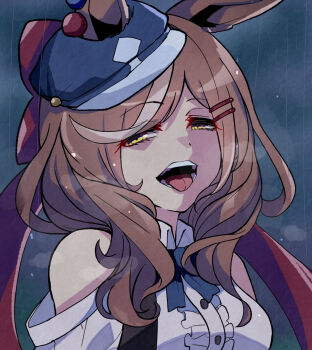 1girl animal_ears bare_shoulders brown_hair hair_ornament hairclip heavy_breathing highres horse_ears horse_girl kawamochi_(kawauti919) looking_at_viewer matikanetannhauser_(panpaka_tiltott)_(umamusume) matikanetannhauser_(umamusume) medium_hair naughty_face open_mouth rain ribbon shirt solo tongue tongue_out umamusume upper_body yellow_eyes