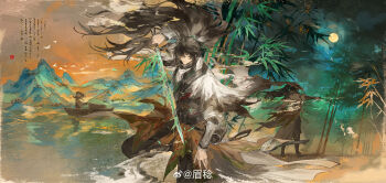 1boy absurdres arm_armor black_hair black_hat black_pants chinese_hat cloak green_ribbon hair_ribbon hat highres holding holding_sword holding_weapon long_hair male_focus mei_ren missing_commentary moon multiple_views pants ponytail qiuyuan_(wuthering_waves) ribbon standing sword weapon white_cloak wuthering_waves