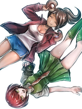 2girls birthday_connection blue_shorts breasts brown_hair camera cleavage closed_eyes closed_mouth collarbone collared_shirt commentary danganronpa:_trigger_happy_havoc danganronpa_(series) danganronpa_2:_goodbye_despair dark-skinned_female dark_skin donut dress english_commentary eyelashes food food_on_face green_dress green_eyes green_socks hair_ornament hairclip holding holding_camera holding_donut holding_food jacket kneehighs koizumi_mahiru long_sleeves multiple_girls necktie open_clothes open_jacket open_mouth pinafore_dress plaid_clothes plaid_necktie ponytail red_hair red_jacket riyuta shirt shirt_under_dress short_hair short_sleeves shorts sleeveless sleeveless_dress smile socks tan teeth upper_teeth_only white_shirt