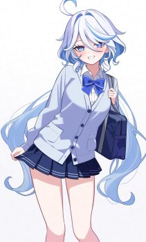 1girl ahoge alternate_costume bag blue_background blue_bow blue_bowtie blue_cardigan blue_eyes blue_skirt bow bowtie cardigan collared_shirt contemporary feet_out_of_frame furina_(genshin_impact) genshin_impact grin highres hobio long_hair long_sleeves looking_at_viewer pleated_skirt school_bag school_uniform shirt simple_background skirt skirt_hold smile solo white_background white_hair white_shirt