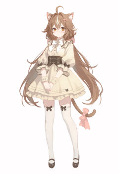 Rule 34 | 1girl, :3, adelie cat, ahoge, animal ear fluff, animal ears, black shoes, bow, bowtie, brown hair, cat ears, cat girl, cat tail, closed mouth, commentary, corset, dress, frilled dress, frills, full body, hair bow, highres, long hair, looking at viewer, low twintails, mary janes, multicolored hair, original, puffy sleeves, shoes, simple background, solo, standing, streaked hair, tachi-e, tail, tail bow, tail ornament, thighhighs, twintails, untranslatable commentary, very long hair, white background, white bow, white bowtie, white hair, white thighhighs, wrist cuffs, yellow eyes