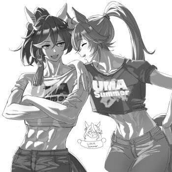 3girls abs absurdres ahoge animal_ears closed_eyes clothes_writing commentary cropped_shirt facing_another greyscale highres horse_ears horse_girl horse_tail katsuragi_ace_(umamusume) long_hair looking_at_viewer monochrome mr._c.b._(umamusume) multicolored_hair multiple_girls muscular muscular_female open_mouth pants ponytail senchan_7 simple_background smile streaked_hair symboli_rudolf_(umamusume) tail teeth umamusume