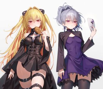 2girls artist_request bare_shoulders black_dress black_skirt black_sleeves black_socks black_straps black_thighhighs blonde_hair blush breasts closed_mouth clothing_cutout darker_than_black detached_sleeves dot_nose dress female_focus flat_chest food grey_hair hair_ornament highres holding holding_food holding_mask holding_taiyaki konjiki_no_yami layered_skirt leg_strap legs loli long_hair long_sleeves looking_at_viewer mask medium_breasts medium_hair miniskirt multiple_girls navel no_bra pleated_skirt ponytail purple_dress purple_eyes purple_skirt red_eyes sexually_suggestive simple_background skirt sleeveless sleeveless_dress small_breasts socks thick_thighs thigh_strap thighhighs thighs to_love-ru to_love-ru_darkness twintails white_background white_mask yin_(darker_than_black) zettai_ryouiki