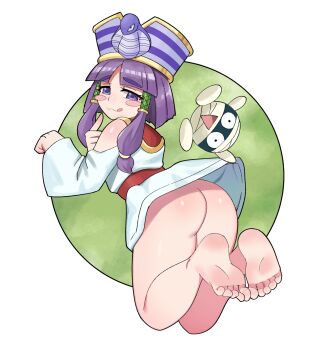 1girl ass bare_legs bare_shoulders barefoot blush_stickers border bottomless cleopatra_fortune dress feet from_behind green_background half-closed_eyes highres long_sleeves looking_at_viewer looking_back no_panties patrako_(cleopatra_fortune) purple_eyes purple_hair short_dress smile soles solo toes white_border white_dress ytrall