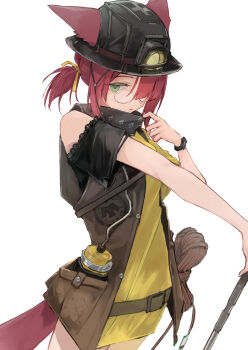 1girl absurdres adjusting_collar animal_ears arknights belt brown_vest cowboy_shot ears_through_headwear glasses green_eyes hair_over_one_eye hashtag-only_commentary highres looking_at_viewer mining_helmet myrrh_(arknights) myrrh_(bitter_herbs)_(arknights) open_clothes open_vest red_hair rope round_eyewear shirt short_sleeves simple_background solo tokorinowa vest white_background yellow_shirt