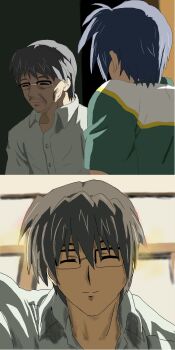 Rule 34 | 2boys, blue hair, clannad, father and son, highres, multiple boys, okazaki naoyuki, okazaki tomoya, smile