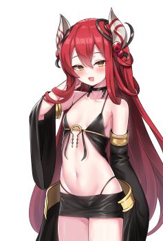 1girl :d absurdres bare_shoulders black_choker black_skirt breasts choker collarbone collared_shirt crop_top detached_sleeves duel_monster hair_ornament halterneck highleg highres horns kumarang long_hair long_sleeves looking_at_viewer midriff miniskirt navel no_bra open_mouth panty_straps red_hair revealing_clothes shirt skirt small_breasts smile solo spaghetti_strap stomach strap_gap thighs thong transparent_background traptrix_allomerus very_long_hair waist_cape wide_sleeves yellow_eyes yu-gi-oh!