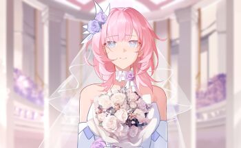 1girl alternate_costume bare_shoulders blue_eyes blunt_bangs blurry blurry_background bouquet breasts bridal_veil chinese_commentary commentary_request dress elbow_gloves elysia_(honkai_impact) facing_viewer fengtu_ad flower gloves hair_flower hair_intakes hair_ornament highres holding holding_bouquet honkai_(series) honkai_impact_3rd large_breasts medium_hair outdoors parted_lips pillar pink_hair rose see-through_clothes see-through_veil solo straight-on upper_body veil wedding wedding_dress white_dress white_flower white_gloves white_rose white_veil