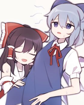 Rule 34 | 2girls, :d, bare shoulders, blue bow, blue dress, blue eyes, blue hair, bow, brown hair, cirno, closed eyes, collared shirt, commentary, cowboy shot, detached sleeves, double-parted bangs, dress, frilled bow, frilled hair tubes, frills, hair between eyes, hair bow, hair tubes, hakurei reimu, ice, ice wings, long hair, multiple girls, neck ribbon, open mouth, pinafore dress, red bow, red ribbon, red shirt, ribbon, shirt, short hair, short sleeves, simple background, sleeveless, sleeveless dress, sleeveless shirt, smile, soooooook2, sweat, touhou, white background, white shirt, white sleeves, wings