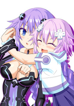 2girls absurdres blue_eyes blush braid breasts cleavage cleavage_cutout clothing_cutout commentary_request d-pad d-pad_hair_ornament dual_persona gloves hair_ornament highres hood hooded_jacket jacket leotard medium_breasts momoaneki multiple_girls neon_trim neptune_(neptunia) neptune_(series) open_mouth power_symbol power_symbol-shaped_pupils purple_eyes purple_hair purple_heart_(neptunia) short_hair symbol-shaped_pupils twin_braids