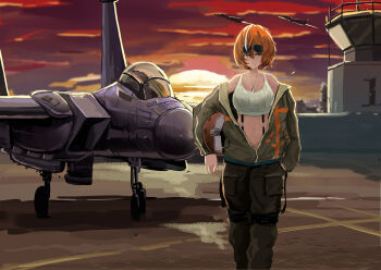 Rule 34 | 1girl, aircraft, airplane, bare shoulders, bomber jacket, bra, breasts, carrying, carrying under arm, cloud, cloudy sky, dddm, f-15 eagle, fighter jet, green jacket, hair between eyes, helmet, jacket, jewelry, medium breasts, midriff, military vehicle, multicolored hair, navel, necklace, open clothes, open jacket, orange eyes, orange hair, original, short hair, sky, solo, sunglasses on head, sunset, two-tone hair, underwear, white bra, white hair