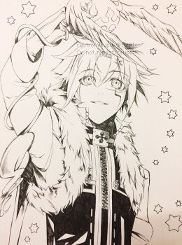1boy allen_walker artist_name black_jacket black_order_uniform coat collared_jacket commentary commission creature cross d.gray-man english_commentary facial_mark facing_viewer feathered_wings forehead_mark front_zipper fur-trimmed_coat fur_trim gloves golem_(d.gray-man) greyscale hair_between_eyes highres holding holding_creature horns jacket looking_at_another male_focus monochrome open_clothes open_coat parted_lips ryufromleupus scar scar_across_eye scar_on_face short_hair sidelocks signature simple_background single_glove smile solo spiked_hair star_(symbol) star_facial_mark star_symbol_background striped_clothes striped_jacket tail tail_around_arm timcanpy twitter_username vertical-striped_clothes vertical-striped_jacket white_background wings zipper