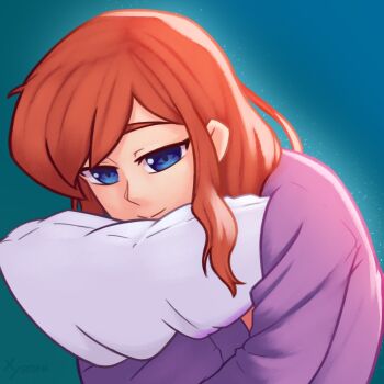 1girl a_hat_in_time aged_up blue_background blue_eyes brown_hair closed_mouth commentary english_commentary hat_kid highres hugging_object long_sleeves looking_at_viewer pillow purple_sweater smile solo split_mouth sweater upper_body xyronii