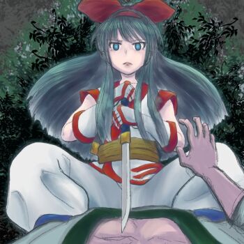 1boy 1girl ainu_clothes blue_eyes blue_hair breasts femdom fingerless_gloves girl_on_top gloves hair_ribbon highres imminent_death incoming_attack japanese_clothes legs long_hair looking_at_viewer muscular muscular_male nakoruru pants pink_lips pov ribbon samurai_spirits serious small_breasts snk the_king_of_fighters thighs weapon