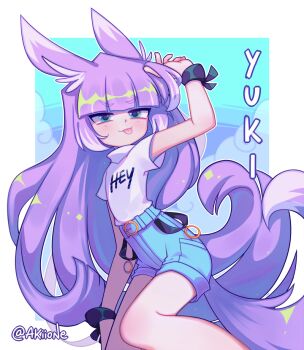 1boy animal_ears aqua_eyes blunt_bangs denim denim_shorts dog_boy dog_ears dog_tail long_hair male_focus original purple_hair shirt short_shorts shorts solo t-shirt tail tongue tongue_out trap very_long_hair yoyochaan yuki_(yoyochaan)