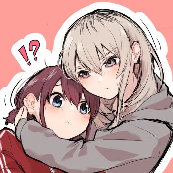 !? 2girls ayataka_syumimi blue_eyes blush brown_hair closed_mouth commentary girls_band_cry grabbing_another&#039;s_ear grey_eyes grey_hair grey_hoodie hair_between_eyes hand_on_another&#039;s_ear highres hood hood_down hoodie hug iseri_nina jacket kawaragi_momoka long_hair long_sleeves low_twintails multicolored_hair multiple_girls outline pink_background red_jacket roots_(hair) short_hair short_twintails sidelocks sweatdrop twintails upper_body white_outline yuri