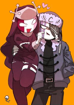 Rule 34 | 1boy, 1girl, black dress, black pants, black sweater, black veil, blue jacket, couple, cowboy shot, cross hat ornament, dress, eyepatch, friday night funkin', garter straps, heart, hetero, highres, jacket, juliet sleeves, long sleeves, nacaji, no pupils, nun, pants, puffy sleeves, ruvyzvat (friday night funkin'), sarvente (friday night funkin'), simple background, sweater, thigh strap, veil, yellow background