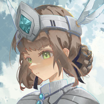 1girl ao_no_kiseki brown_hair duvalie eiyuu_densetsu green_eyes hair_bun highres portrait sen_no_kiseki_(series) sen_no_kiseki_i sidelocks single_hair_bun solo yazawa_yuki zero_no_kiseki