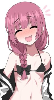 1girl bare_shoulders bikini black_bikini black_bow blunt_bangs blush bocchi_the_rock! bow braid braided_ponytail breasts closed_eyes commentary facing_viewer fang furrowed_brow hair_bow hair_over_shoulder halulu highres hiroi_kikuri jacket long_hair navel notice_lines off_shoulder open_clothes open_jacket open_mouth pink_hair simple_background single_braid small_breasts smile solo swimsuit upper_body white_background