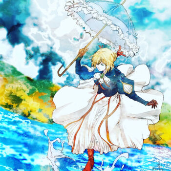 1girl blonde_hair blue_eyes blue_jacket blue_sky blue_umbrella boots braid braided_bun brooch cloud commentary_request dress gem green_gemstone hair_bun hair_ribbon holding holding_umbrella jacket jewelry parasol red_boots red_ribbon ribbon ruka_(blueplus84) short_hair single_hair_bun sky solo twitter_username umbrella violet_evergarden violet_evergarden_(series) water white_dress