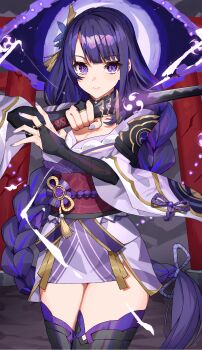 Rule 34 | 1girl, armor, braid, breasts, bridal gauntlets, cleavage, commentary, electricity, electro symbol (genshin impact), english commentary, gashino, genshin impact, glowing, hair ornament, hair ribbon, highres, holding, holding sword, holding weapon, japanese clothes, katana, kimono, large breasts, light blush, light smile, long braid, looking at viewer, mitsudomoe (shape), mole, mole under eye, multicolored eyes, multicolored hair, purple eyes, purple hair, purple kimono, purple nails, raiden shogun, red sash, ribbon, sash, shade, shoulder armor, single braid, solo, standing, streaked hair, sword, thighhighs, thighs, tomoe (symbol), upper body, weapon, wide sleeves