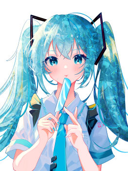 1girl absurdres aqua_eyes aqua_hair aqua_nails aqua_necktie blonde_hair blurry breast_pocket cloud coco_irasuto collared_shirt crossed_bangs dot_nose food frills gradient_hair hair_ornament hatsune_miku highres looking_at_viewer multicolored_hair necktie pocket popsicle shirt short_sleeves simple_background solo tongue tongue_out twintails upper_body vocaloid white_background white_shirt
