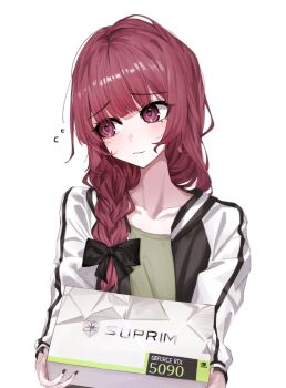 Rule 34 | 1girl, absurdres, averting eyes, black nails, bocchi the rock!, bow, box, closed mouth, collarbone, commentary request, english text, fingernails, geforce rtx 5090, green shirt, hair bow, highres, hiroi kikuri, holding, holding box, incoming gift, jacket, kimbird, light blush, long hair, looking to the side, nail polish, open clothes, open jacket, purple eyes, purple hair, shirt, side ponytail, simple background, solo, upper body, white background, white jacket