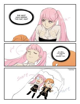 2girls annette_fantine_dominic bed closed_eyes closed_mouth comic darkgreyclouds english_text female_focus fire_emblem fire_emblem:_three_houses garreg_mach_monastery_uniform highres hilda_valentine_goneril long_hair lying matching_hair/eyes multiple_girls nintendo on_back open_mouth orange_hair pillow pink_eyes pink_hair sleeping smile