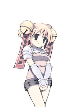 Rule 34 | 1girl, armor, armored dress, bell, blonde hair, blush, closed mouth, commentary request, cowboy shot, dress, ganges gawa, grey eyes, hair bell, hair ornament, hair stick, jingle bell, knight (ragnarok online), looking at viewer, own hands together, pauldrons, ragnarok online, short hair, shoulder armor, simple background, smile, solo, vambraces, white background