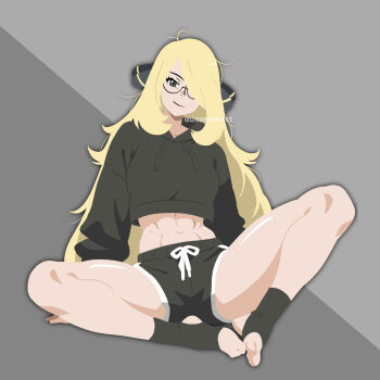 1girl abs artist_name ausshawott black_hoodie blonde_hair butterfly_sitting closed_mouth cropped_hoodie cynthia_(pokemon) dolphin_shorts drawstring feet full_body glasses grey_background grey_eyes hair_ornament hair_over_one_eye hand_on_floor highres hood hoodie long_hair midriff nintendo no_lineart on_floor pokemon pokemon_dppt reclining shorts sidelocks simple_background sitting smile socks solo sportswear spread_legs stirrup_footwear thighs toeless_legwear toeless_socks toned toned_female watermark