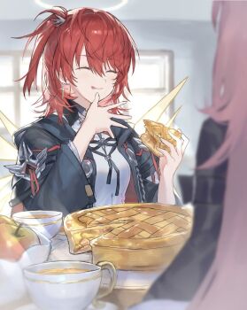 2girls angel apple apple_pie arknights black_jacket breasts commentary_request cup detached_wings eating exusiai_(arknights) exusiai_the_new_covenant_(arknights) food fruit halo holding holding_food indoors jacket lemuen_(arknights) licking_lips long_hair medium_breasts multiple_girls pie pie_slice pimi pink_hair red_hair shirt short_hair siblings side_ponytail sisters tongue tongue_out very_long_hair white_shirt wings