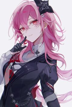1girl black_flower black_gloves black_jacket breasts collared_shirt earrings evernight_(honkai:_star_rail) finger_to_mouth flower gloves hair_between_eyes hair_ornament hairclip hand_up highres honkai:_star_rail honkai_(series) jacket jewelry long_hair long_sleeves looking_at_viewer march_7th_(honkai:_star_rail) official_alternate_eye_color parted_lips pink_hair red_eyes shirt simple_background single_earring smile solo upper_body white_background white_shirt yukino_00