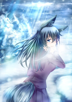 1girl absurdres animal_ears black_hair cloud cloudy_sky female_focus glowing highres kanaya_azami light long_hair looking_at_viewer looking_back open_mouth shine sky smile snow solo solo_focus tail ukagaka wolf_ears wolf_tail