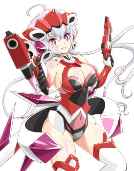 1girl ahoge aiming aiming_at_viewer bare_shoulders black_gloves blush breasts cleavage cleavage_cutout clothing_cutout covered_navel dingo_akira dual_wielding female_focus gloves gluteal_fold grin gun hair_between_eyes headgear highres holding holding_gun holding_weapon large_breasts leotard light_purple_hair long_hair looking_at_viewer low_twintails multicolored_gloves multicolored_leotard purple_eyes red_gloves red_leotard senki_zesshou_symphogear silver_hair simple_background skin_tight smile solo standing thighhighs twintails very_long_hair weapon white_background white_thighhighs yukine_chris