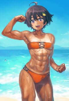 2girls abs ahoge armpits beach biceps bikini black_hair breasts clenched_hands collarbone cowboy_shot dark-skinned_female dark_skin day flexing food-themed_hair_ornament hair_ornament horizon lemon_hair_ornament make_heroine_ga_oo_sugiru! multiple_girls muscular muscular_female navel ocean open_mouth orange_bikini outdoors purple_eyes short_hair sky small_breasts smile solo_focus strapless strapless_bikini sweat swimsuit tan tanline teeth thighs tomboy upper_teeth_only yakishio_lemon yanami_anna yilx