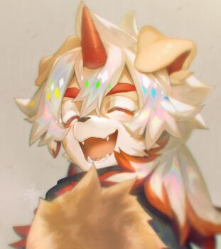 1boy ahonobo arknights close-up closed_eyes cropped fangs furry furry_male holding horns hung_(arknights) long_hair looking_at_viewer male_focus multicolored_hair mythological_creature open_mouth simple_background single_horn smile