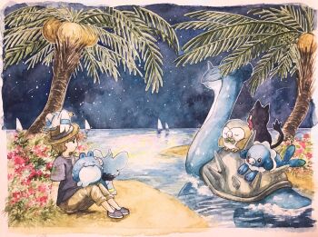 Rule 34 | 1boy, boat, brown hair, brown hat, closed eyes, elio (pokemon), flower, gen 3 pokemon, gen 4 pokemon, gen 7 pokemon, hat, highres, holding, holding pokemon, litten, male focus, mint nappa, night, nintendo, ocean, outdoors, painting (medium), palm tree, pink flower, pokemon, pokemon (creature), pokemon sm, popplio, riding, riding pokemon, river, rowlet, sailboat, shinx, shorts, sitting, smile, spheal, star (sky), starter pokemon trio, traditional media, tree, tropical, watercolor (medium), watercraft, wingull