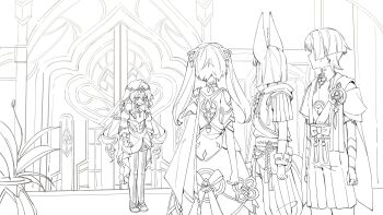 2boys 2girls anemo_symbol_(genshin_impact) animal_ear_fluff animal_ears arm_cutout armlet armor arms_at_sides bare_shoulders belt blunt_bangs bodysuit bow bridal_gauntlets cape circlet clenched_hands clothing_cutout collarbone curly_sidelocks detached_sleeves doorway drawstring drill_hair facing_another faruzan_(genshin_impact) feathers flower fox_ears front_slit gem genshin_impact genshinisgamegg hair_between_eyes hair_ornament hakama hakama_shorts halterneck han&#039;eri highres hood hood_down hoodie japanese_armor japanese_clothes jewelry kimono kote layered_kimono layla_(genshin_impact) lineart long_hair looking_down mandarin_collar middle_eastern_architecture middle_ring multiple_boys multiple_girls neck_ring open_clothes open_kimono open_mouth pantyhose parted_bangs plant pleated_shorts pom_pom_(clothes) potted_plant raised_eyebrows ribbed_pants ribbed_sleeves ringlets rope sash scaramouche_(genshin_impact) short_sleeves shorts skirt standing tassel thighlet tighnari_(genshin_impact) triangle_hair_ornament twin_drills twintails underbust vision_(genshin_impact) wanderer_(genshin_impact) wrist_cuffs x_hair_ornament