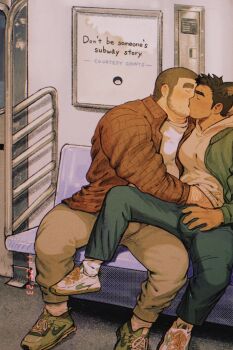 2boys animal_ears arm_hair bara beard brown_hair brown_pants bulge buzz_cut chinstrap_beard closed_eyes couple denim dog_boy dog_ears facial_hair green_jacket hand_under_clothes hand_under_shirt highres inuyama_masato_(shan) jacket jeans kiss kumano_daigo_(shan) large_pectorals male_focus multiple_boys muscular muscular_male open_clothes open_shirt original pants pectorals plaid_clothes plaid_shirt shan_(shanshankuo) shirt shoes short_hair sideburns sitting sneakers subway sweat thick_eyebrows thick_thighs thighs very_short_hair yaoi