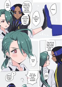 Rule 34 | ahoge, black gloves, black hair, black jacket, blue eyes, blue gloves, blush, bright pupils, closed mouth, comic, dark-skinned female, dark skin, earrings, geeta (pokemon), gloves, green hair, grey shirt, hard-translated, highres, jacket, jewelry, kansaiben, long hair, long sleeves, multicolored hair, neck ribbon, nintendo, omo chi2, palms together, pokemon, pokemon sv, ponytail, red eyes, ribbon, rika (pokemon), shirt, smile, speech bubble, third-party edit, translated, white pupils, yuri