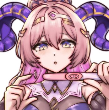 1girl breasts commentary english_commentary fire_emblem fire_emblem_heroes goat_horns hair_between_eyes high_ponytail highres holding holding_pregnancy_test horns implied_pregnancy large_breasts looking_at_viewer nerthuz_(fire_emblem) nintendo pink_hair ponytail portrait pregnancy_test purple_horns rotomdocs simple_background solo white_background
