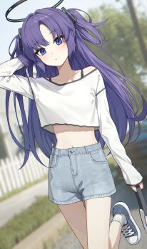 Rule 34 | 1girl, :/, alternate costume, arm behind head, bag, bare legs, blue archive, blue eyes, blurry, blurry background, blush, casual, collarbone, commentary, cropped shirt, denim, denim shorts, halo, highres, holding, holding bag, long hair, long sleeves, looking at viewer, midriff, navel, outdoors, purple hair, shirt, shoes, short shorts, shorts, sneakers, socks, solo, standing, standing on one leg, suumon, two side up, very long hair, white shirt, white socks, yuuka (blue archive)