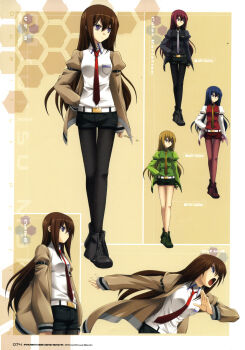 absurdres alternate_color annoyed arm_belt belt black_pantyhose black_shorts breast_pocket breasts brown_hair brown_jacket collared_shirt from_side hair_between_eyes hair_over_shoulder highres incoming_attack jacket jacket_partially_removed leather_belt long_hair makise_kurisu multiple_views necktie non-web_source official_art open_mouth pantyhose phantom_breaker pocket purple_eyes purple_trim red_necktie science_adventure shirt shorts small_breasts steins;gate suzuhira_hiro tongue white_belt white_shirt